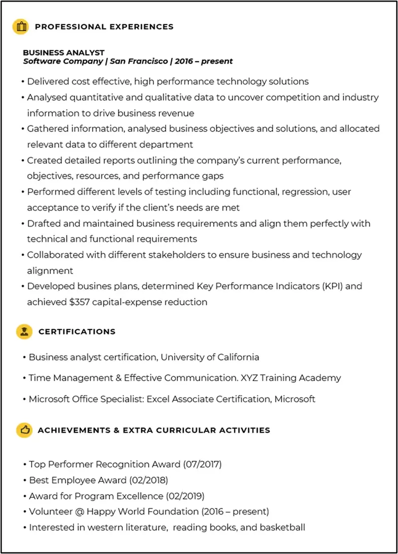 Sample Resume - Business Analysis Resume - Invensis Learning